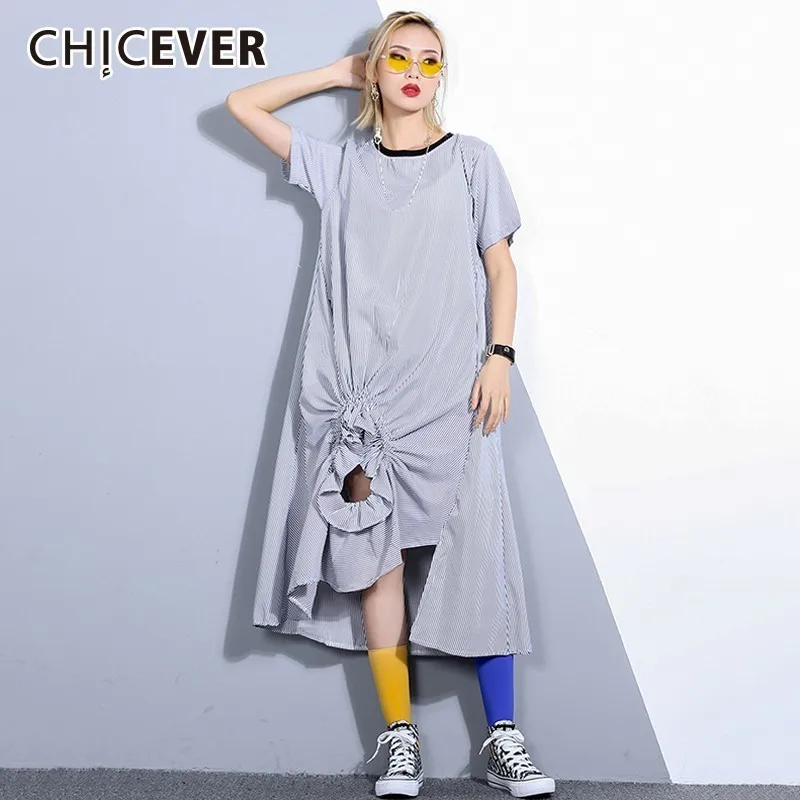 

CHICEVER Spring Summer Striped Dress For Women O Neck Short Sleeve Loose Hit Colors Hollow Out Irregular Hem Dresses Vintage New