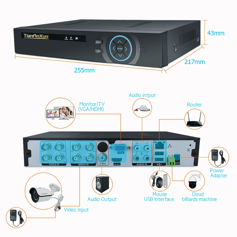  Tiananxun Video Surveillance Security Camera System 8CH CCTV Kit AHD Cameras DVR Set 720P Home Weat - 32979754628