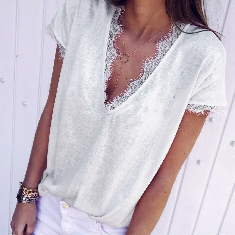 

2019 Plus Size Women T Shirt V-Neck Summer Lace Stylish Short Sleeve White Regular Ladies Solid Casual Loose Tops