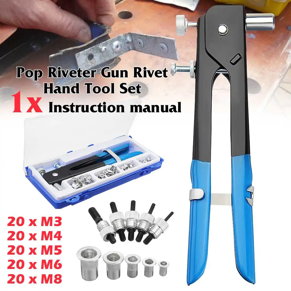 

106pcs/Set Blind Rivet Gun Heavy Nut Threaded Insert Hand Riveting Kit M3-M8 Rivet Nuts Nail Gun Household Repair Tools