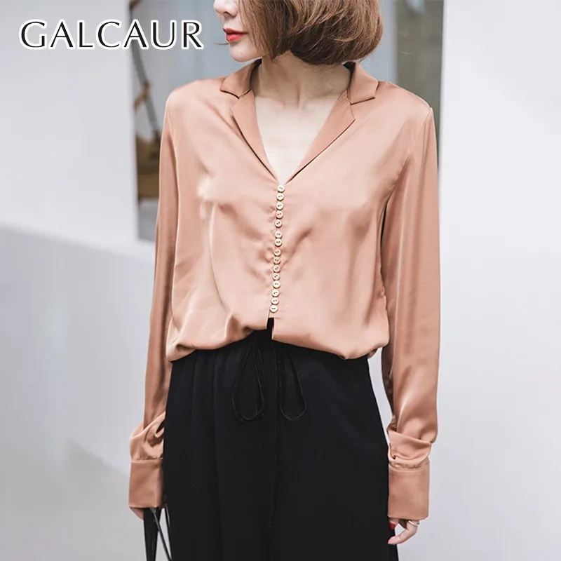 

GALCAUR Casual Solid Women Blouse V Neck Long Sleeve Button Loose Shirt Female Korean Spring 2019 Fashion Clothes New Tide