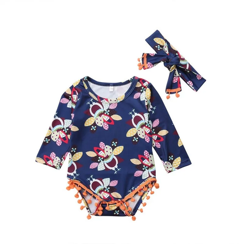 Newborn Baby Girls Thanksgiving clothes Turkey print long sleeve round neck Bodysuit Tassel Bow
