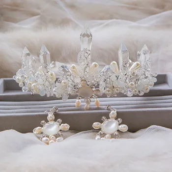 

2016 new hand-beaded crystal bride crown headdress ice crystal wedding hair accessories tiara earrings wholesale