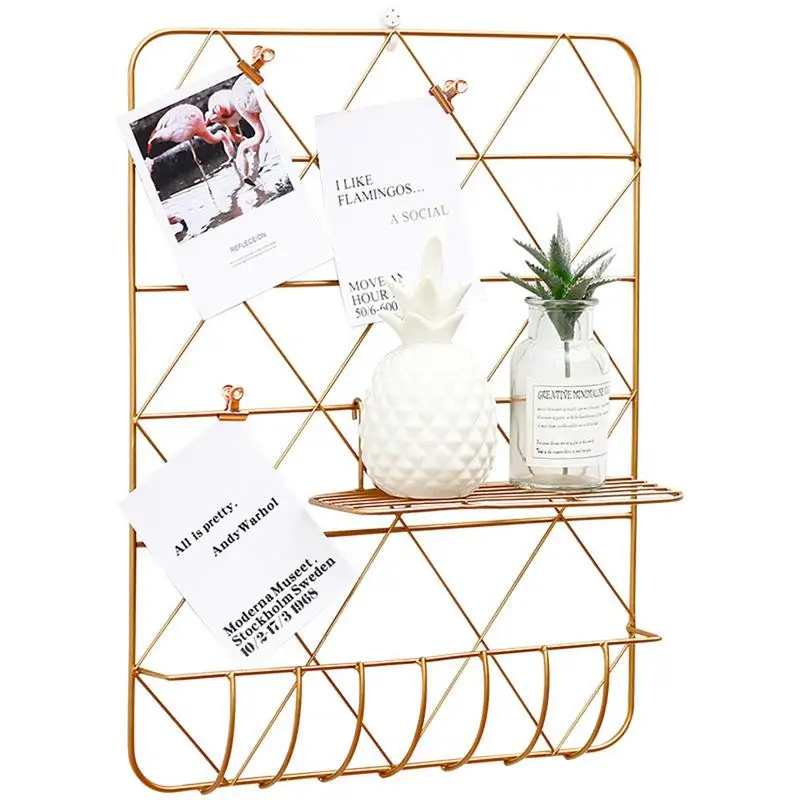 

Golden Wall Decoration Wall Hanging Iron Grid Photo Wall Storage Rack Simple Dormitory Living Room Wall Decorative Storage Rack