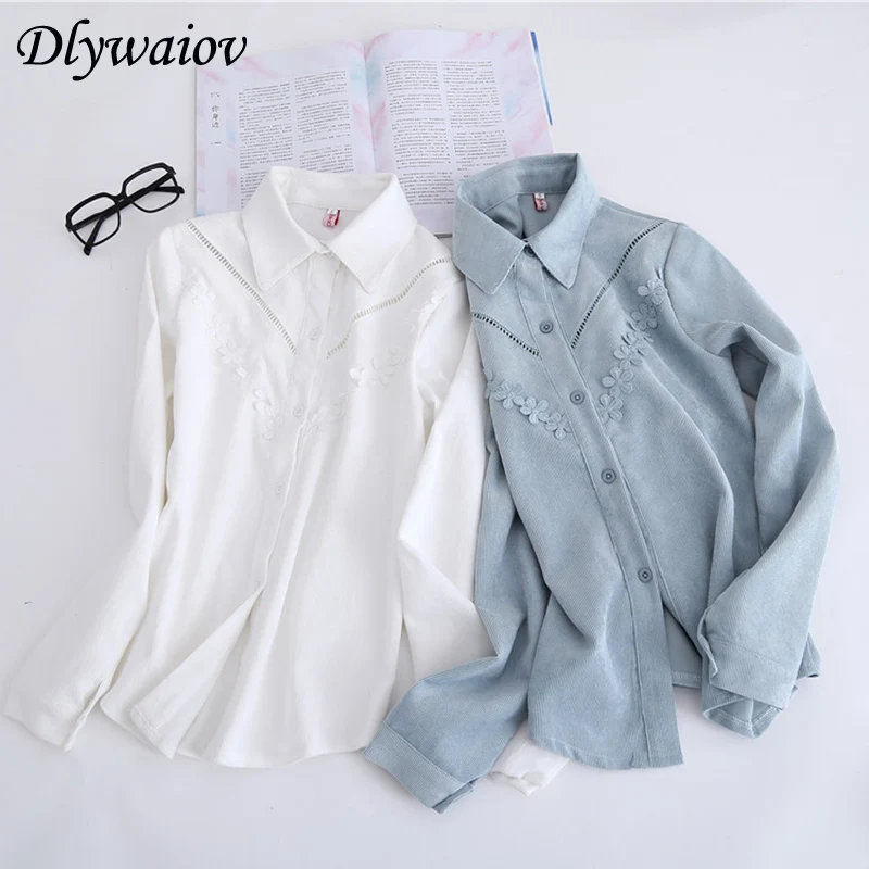 

Fall Square Collar Shirt Women Lace Openwork Applique Simple Versatile Harajuku Fashion Blue White Shirt Long Sleeved Blouse
