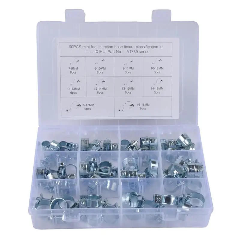 

60pcs Mini Fuel Injection Hose Clamps Assortment Kit for Diesel Petrol Pipe With Plastic Storage Box Auto Car Accessories Kit
