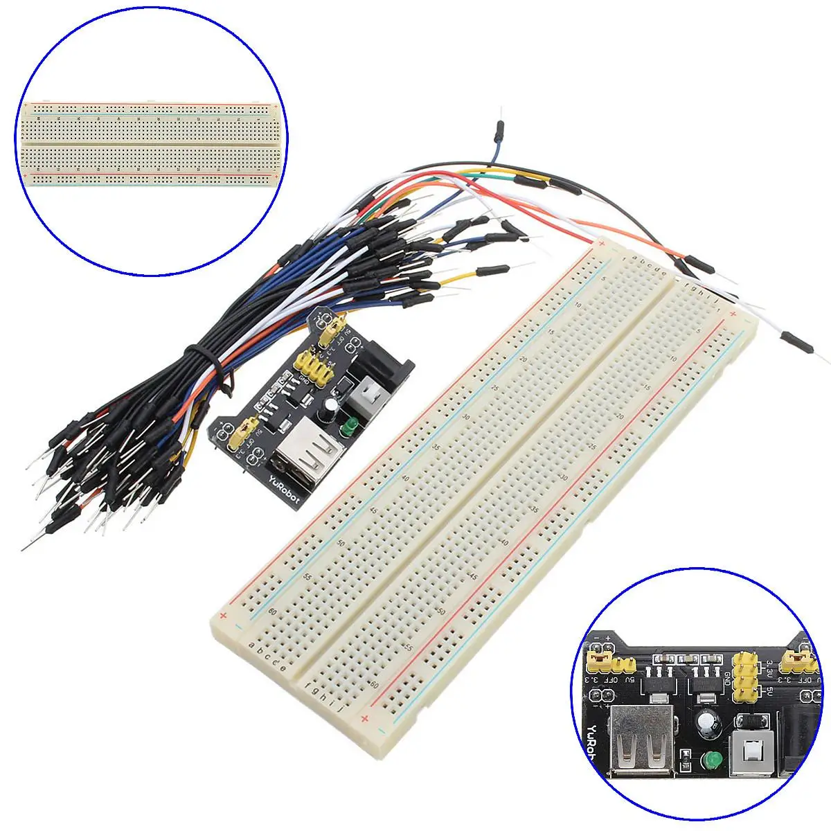 

MB-102 830 Point Solderless PCB Breadboard+Power Supply+65Pcs Jump Cable Wires 16.5x5.5x1cm Flexible Reusable Nickel Plating