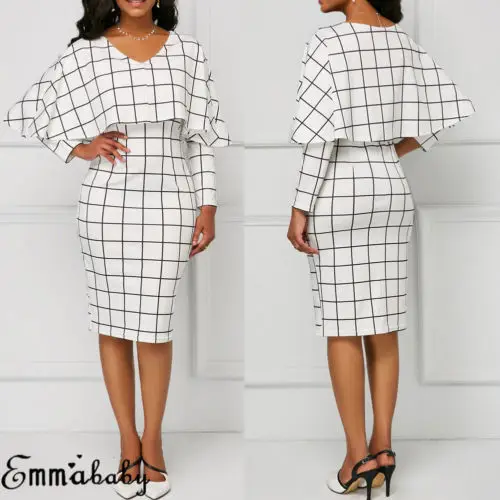 

HIRIGIN Fashion Women Office Lady Long Sleeve Bodycon Casual Ruffle Party Cocktail Plaid Dress
