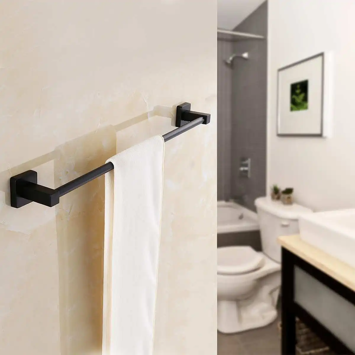 

61cm Black Square Single Towel Rack Rail Matte Bathroom Wall Mounted Towel Bar Holder Single Tissue Roll Toilet Holder Robe Hook
