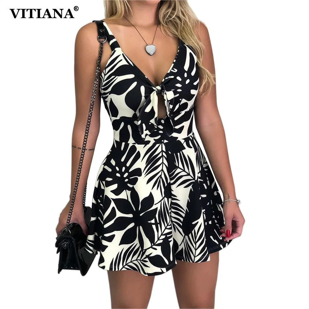 VITIANA Women Beach Rompers Female 2019 Summer Lace Up Print Floral ...