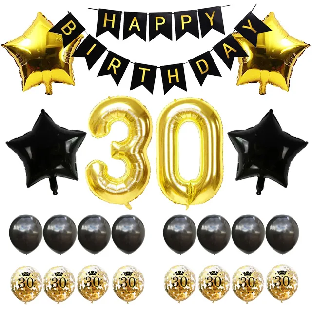 ZLJQ 30th День Рождения украшения Золотой 30 фольги воздушный шар черный с днем