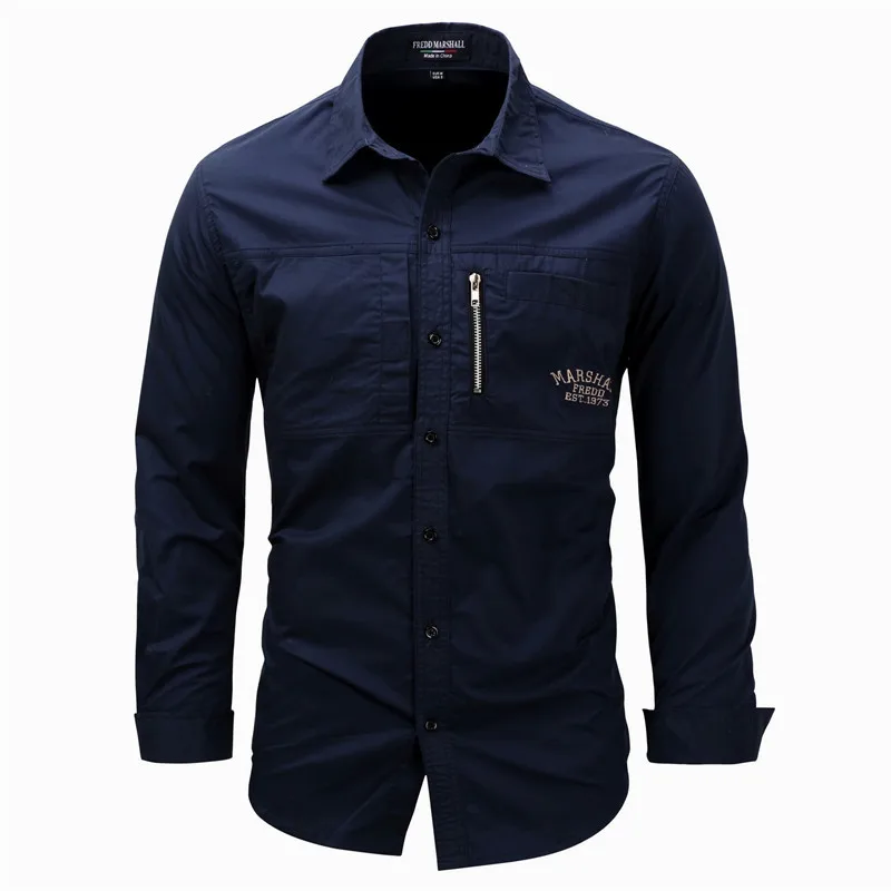 2019 New Men's Overshirt Cotton Men Slim Fit Shirt Long Sleeve Button-down Spring EU Size Navy Blue Man Clothes 