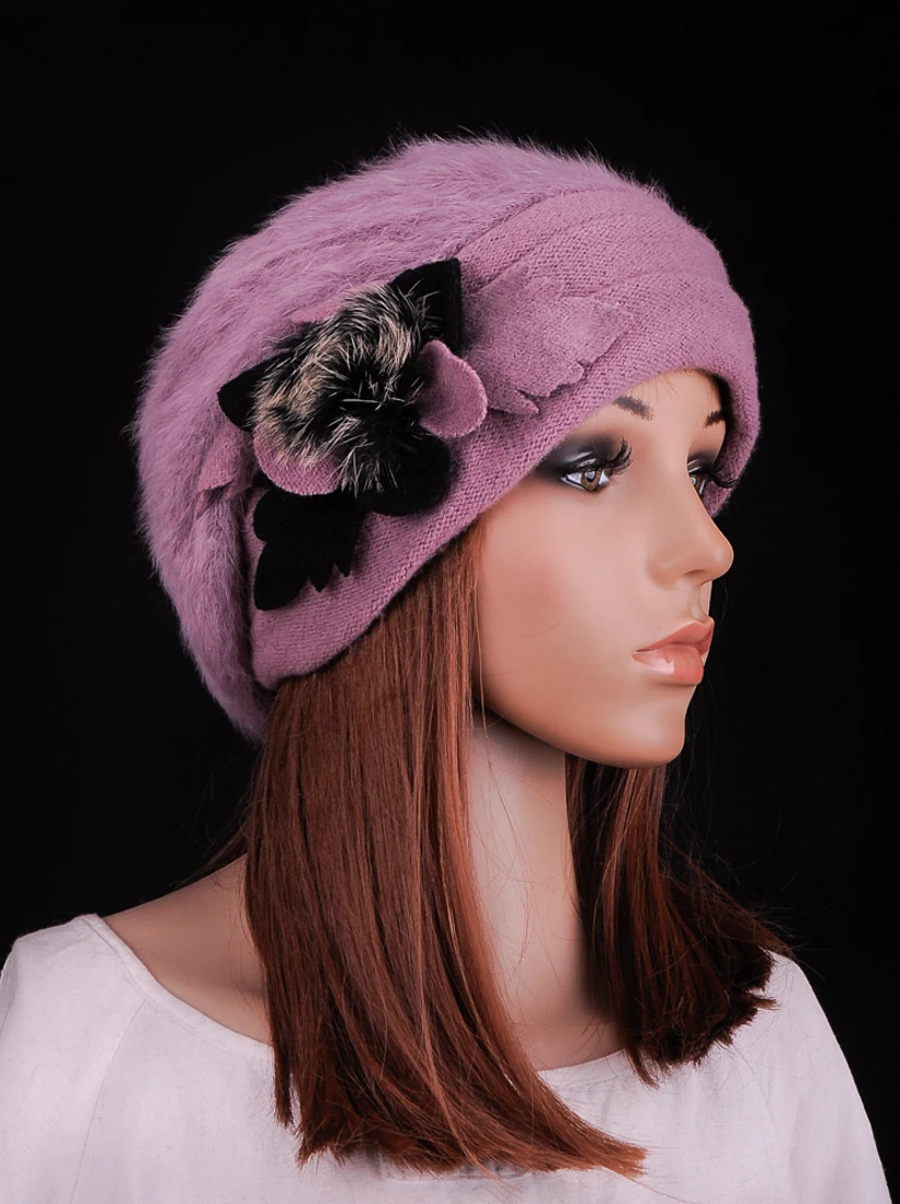 

M637 Fashion Womens Winter Warm Light Purple Faux Rabbit Fur Wool Flower With PomPom Fur Cute Beret Hat Beanie Cap