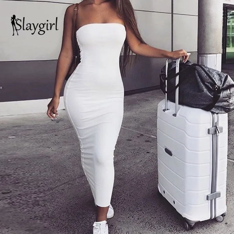 

Slaygirl White Summer Long Dress Women Sexy Party Dress 2019 Bodycon Solid Strapless Dresses Elegant Backless Vestidos New