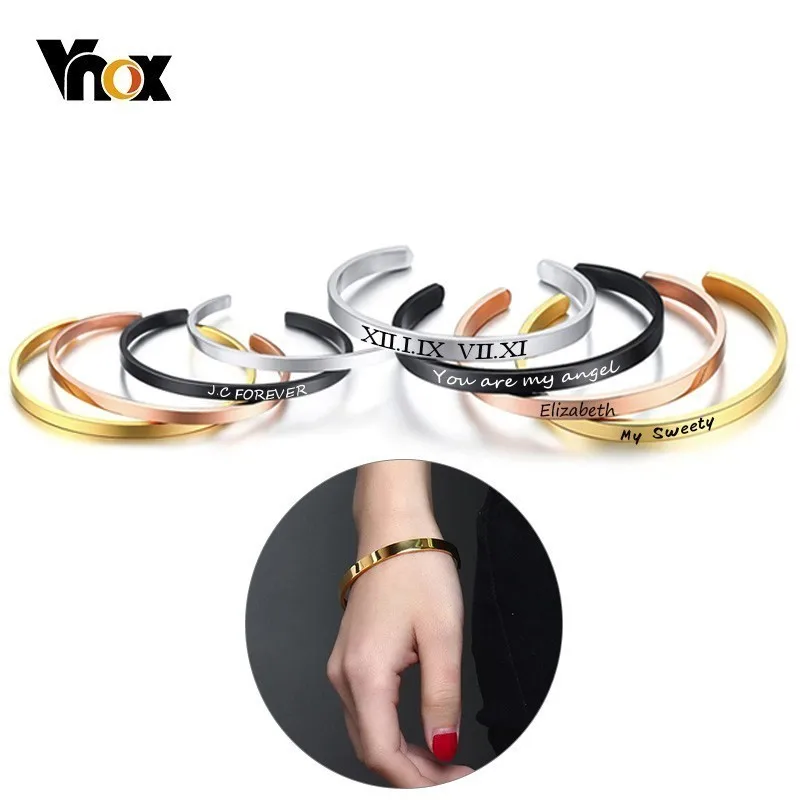 

Vnox Free Personalize 4/6/8mm Simple Cuff Bracelets for Women Men Basic Stainless Steel Bangles Custom Name Pulseira Gift