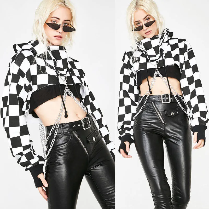2019 Women Cool Girl Gothic Punk Square Black White Red Long Sleeve Hoodie Sweatshirt Chain Jumper Crop Top Pullovers Short Tops 2019 Women Cool Girl Gothic Punk Square Black White Red Long Sleeve Hoodie Sweatshirt Chain Jumper Crop Top Pullovers Short Tops