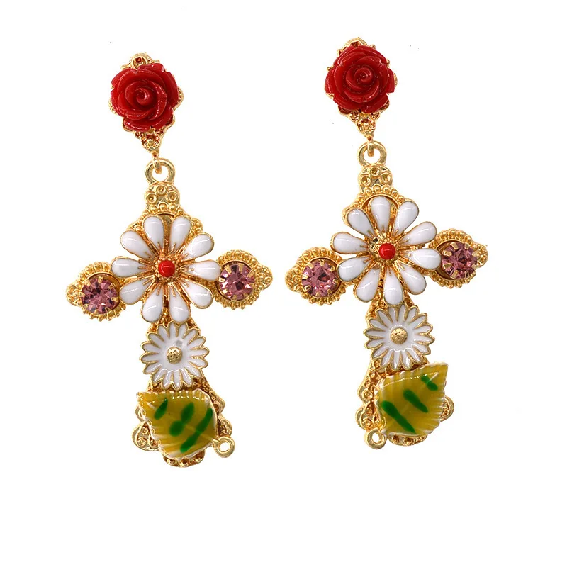 

Fashion Design Women Drop Earrings Vintage Big Cross Flower Dangle Earrings Baroque Female Jewelry Retail