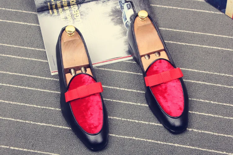 

Men'S Pointed Flats Bow Knot Red Casual Shoes No Tie Shoelaces Loafers Male Nightclub Slip On Dress Shoes Autumn Runway Loafers
