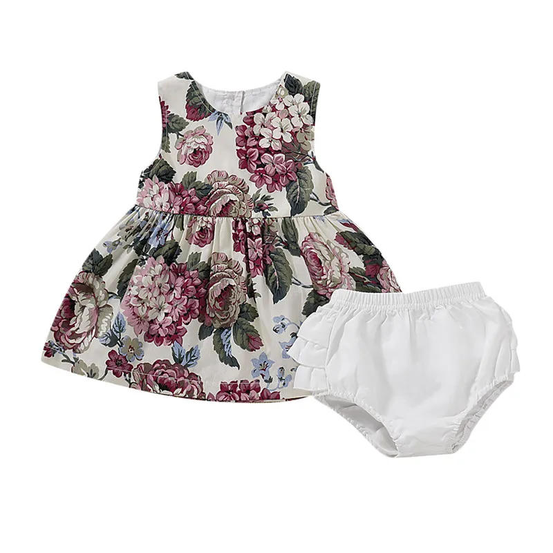 

Summer Toddler Kid Baby Girl Clothes Sleeveless Floral Print Tops Dress+Solid Shorts Outfits 2Pcs Set