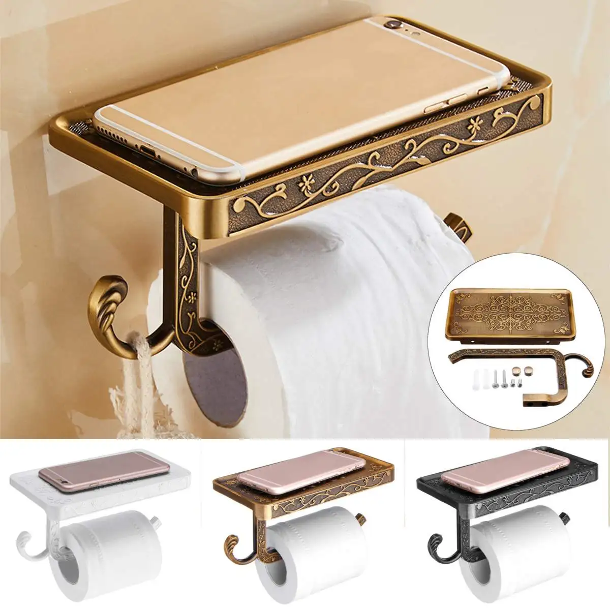 

Antique Carved Zinc Alloy Bathroom Paper Mobile Phone Holder With Shelf Bathroom Towel Rack Toilet Paper Holder Tissue Boxes