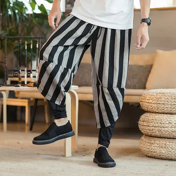 

#4518 2019 Spring Striped Men Cotton Linen Harem Pants Elastic Waist Plus Size Fake Two Piece Linen Trousers Hip Hop Streetwear