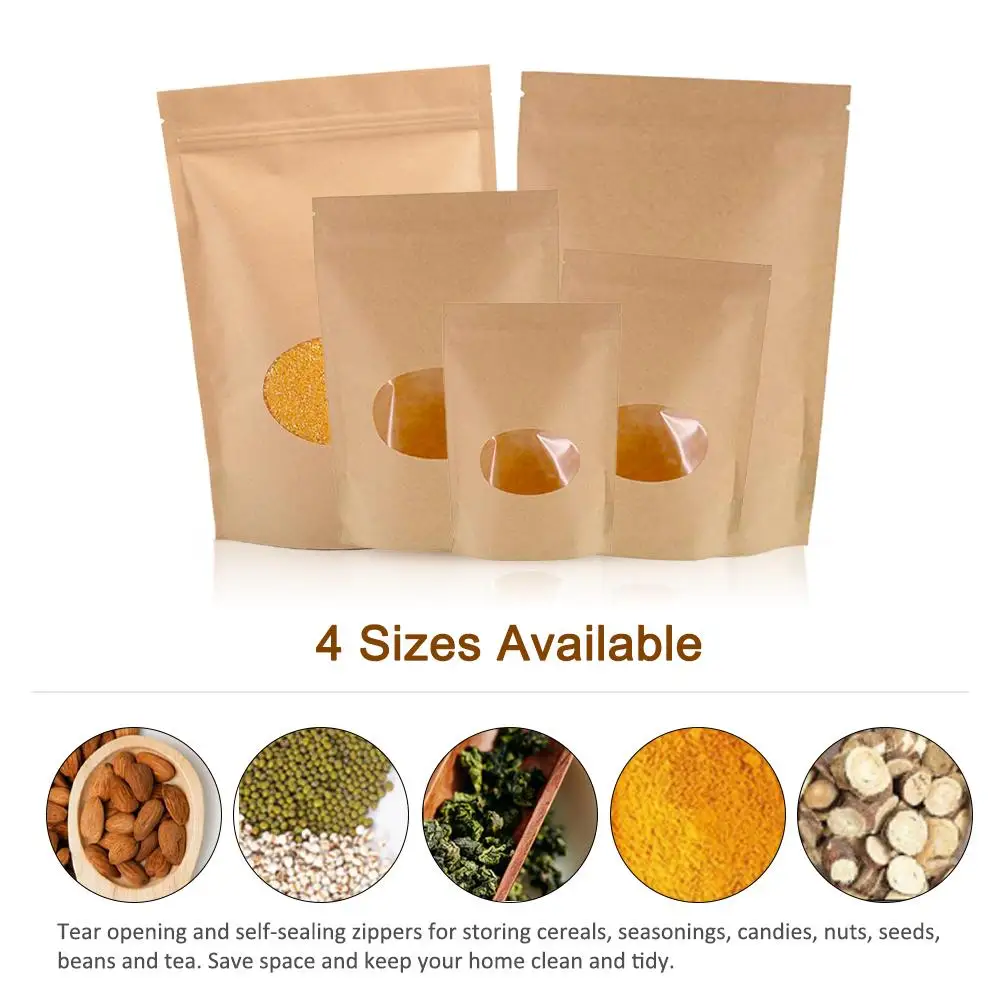 

50PCS Self Standing Sealed Oval Window Kraft Paper Bag Zipper Tea Food Packaging Bag Reusable Produce Bag Organizer Eco Friendly