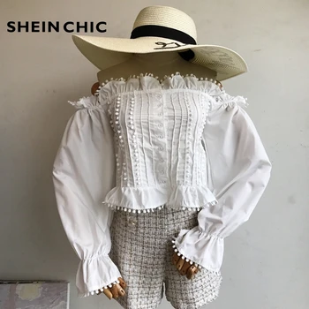 

Sexy Vintage Off Shoulder Tops For Women 2019 Spring White/Black Lantern Sleeve Signle-breasted Blouses Womens