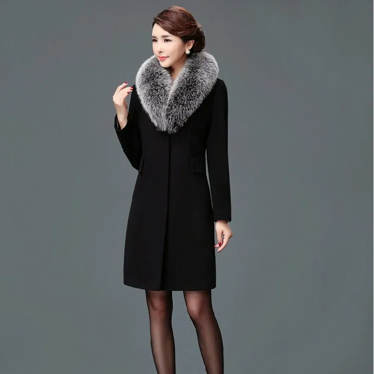 Hot Sale Female Covered Button Long Outerwear Winter Fur Collar Slim Blends Coat Women Long Sleeve Woolen Overcoat