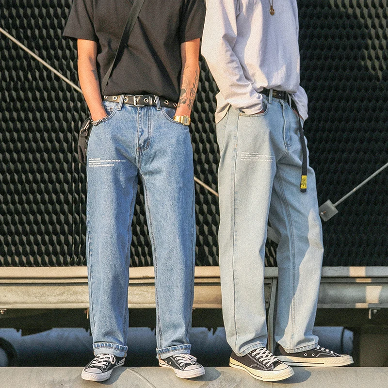 

Men's Jeans 2019 Spring New Embroidery Printing Simple Straight Pants Blue Light Blue Loose Fashion Casual Wide Leg Old Pants