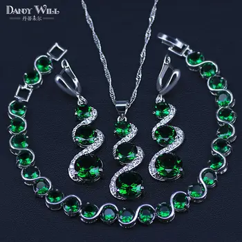 

ridal Silver Color Jewelry Sets Green Zirconia Stone Earrings For Women Wedding Jewelry With Pendant Necklace Set