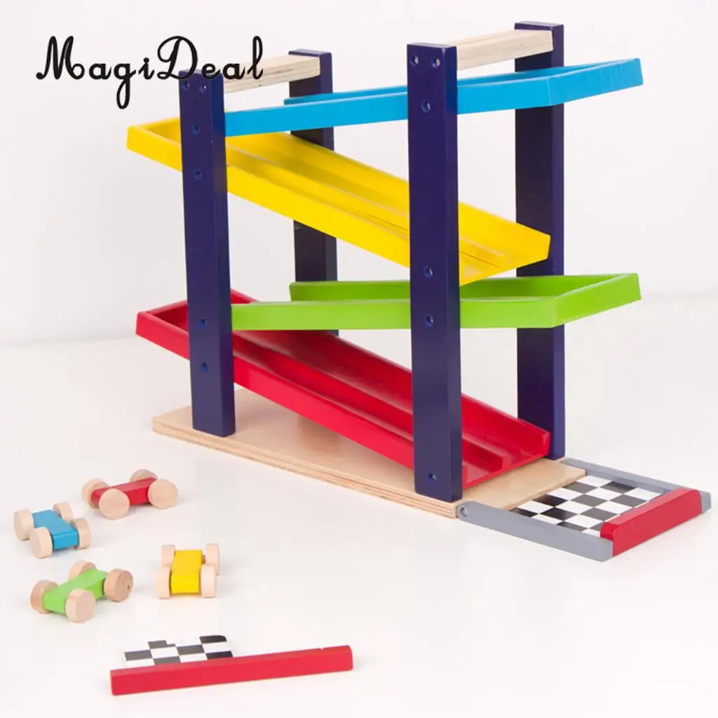 

Wooden Ramp Double Race Track Car Games with 4 Small Vehicle for Toddler Kids Gifts