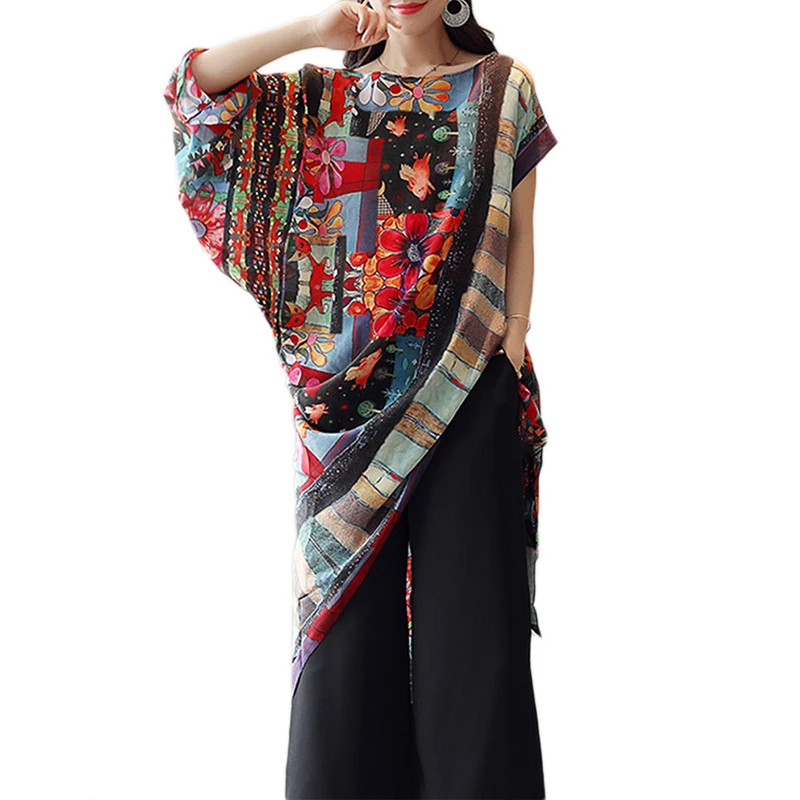 

Women Vintage Blouse Irregular Floral Print Long Top Short Sleeve Round Neck Loose Asymmetry Top Bow Plus Size Summer Shirts