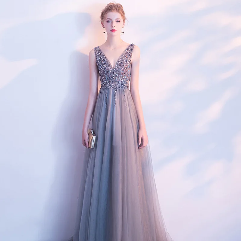 

Cheap Long Simple Prom Dresses V neckling Sequined Open Back Backless A Line Floor Length Evening Formal Dress vestidos de gala