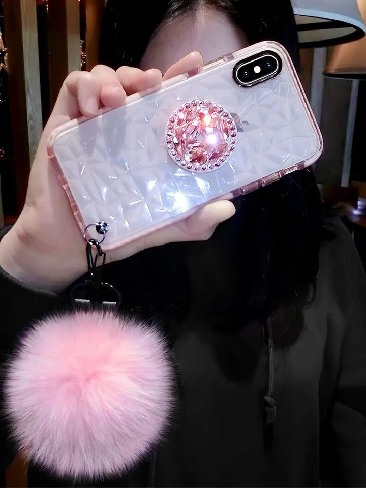 

S8/S9/S10plus Luxury Crystal Air Stand W/Pompom Charms Phone Case Soft Clear TPU Cover For iPhone/Samsung Body Shell Protection