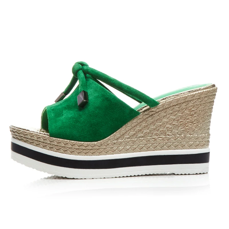 

Open-toe Green Women Platform Mules 10 CM High Heel Wedges Thick Soles Leather Summer Slippers Shoe Woman Box packing 568