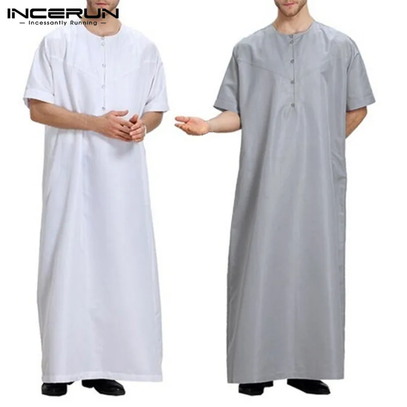 

INCERUN 2019 Men Ialamic Muslim Arab Kaftan Men Jubba Thobe Kurta Short Sleeve Button Robes Arabic Dubai Kaftan Men Clothing