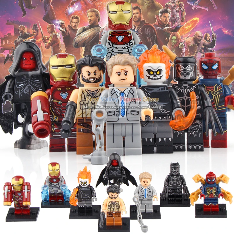 

80PCS Marvel Action Figure Legoed Spiderman Iron Man Black Panther Red Skull Ghost Rider Building Blocks Toys for Children X0221