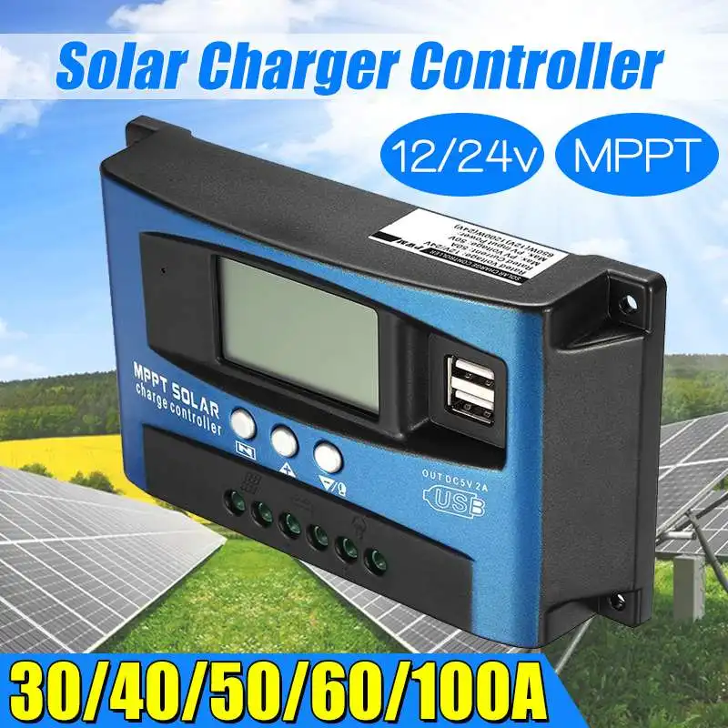 

Dual USB MPPT 30/40/50/60/100A Solar Charge Controller LCD Display 12V 24V Auto Solar Cell Panel Charger Regulator with Load