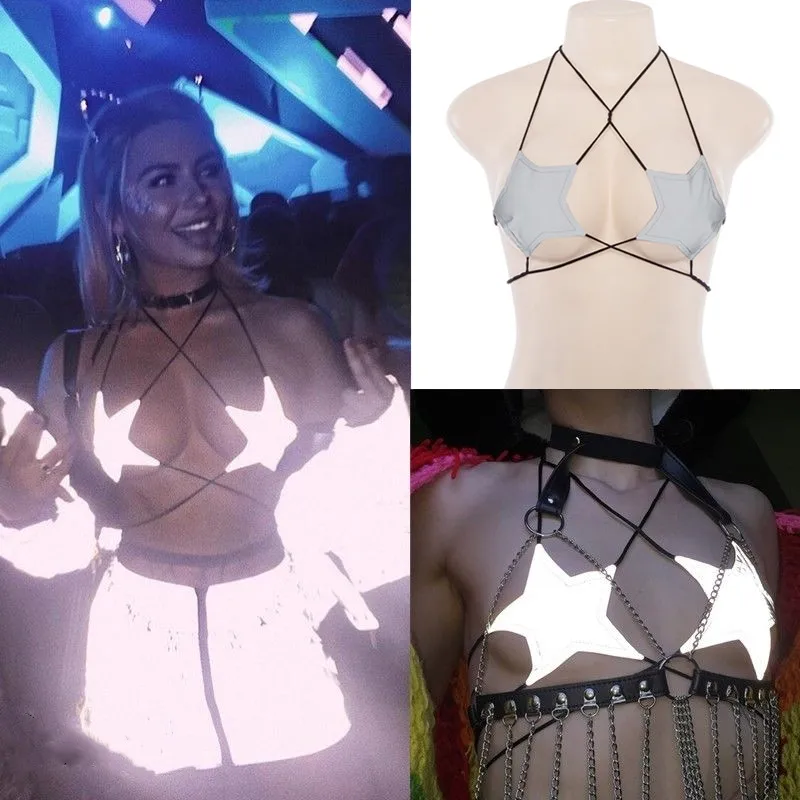 

Sexy Women Halter Lace-up Clubwear Bandage Tank Vest Crop Tops Ladies Off Shoulder Backless Starfish Reflective Night Tank Camis