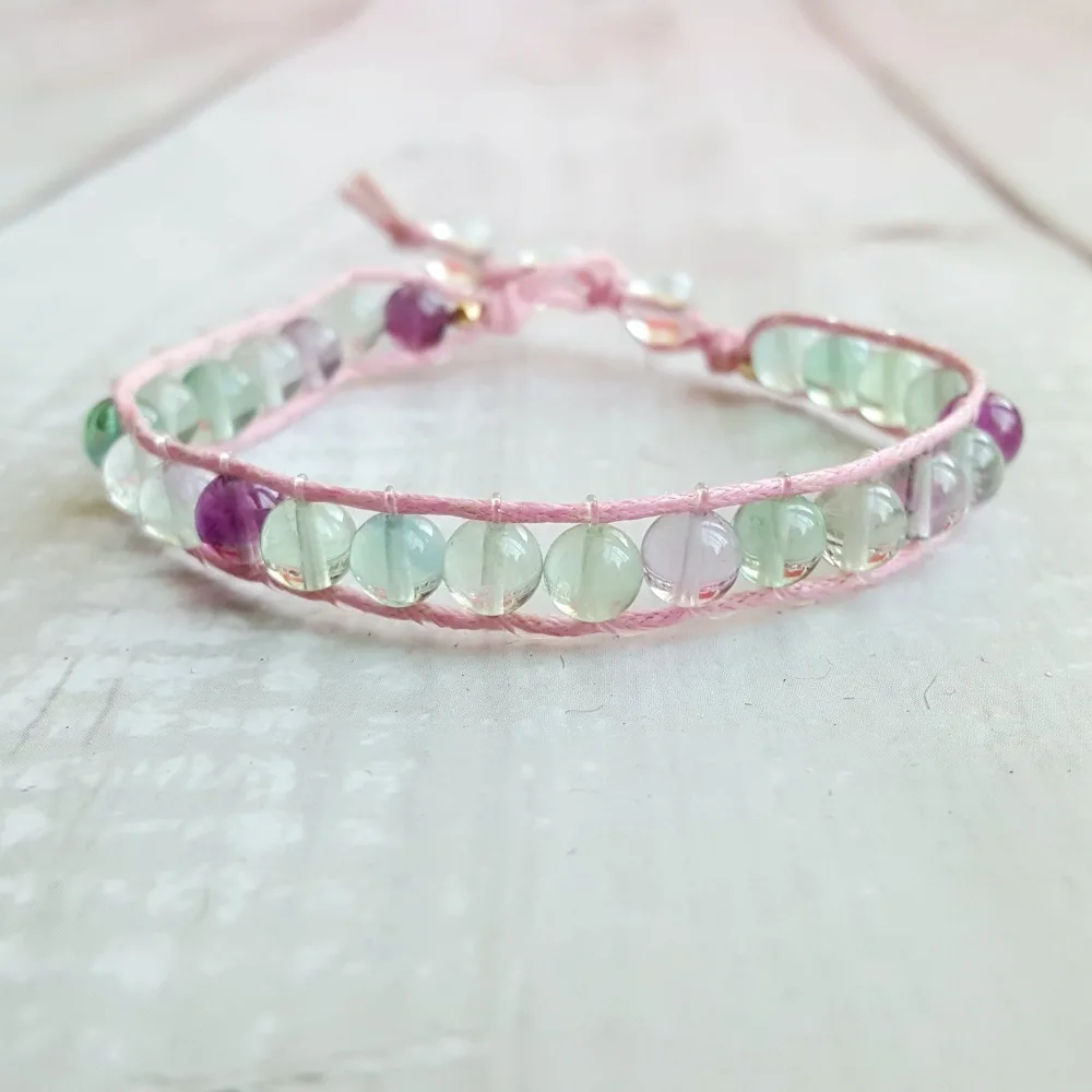 

LiiJi Unique Natural High Quality Fluorite 6mm With Clear Quartzs Leather Wrap Bracelet Handmade Creative Bracelet