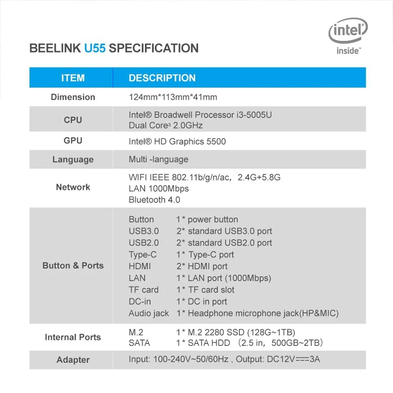 Beelink U55 мини-ПК процессор Intel Core I3-5005U(Intel Hd graphics 5500), Ddr3L 8 Гб Ram/256 ГБ Ssd/Diy Hdd 1000 Мбит/с Lan 2,4/5