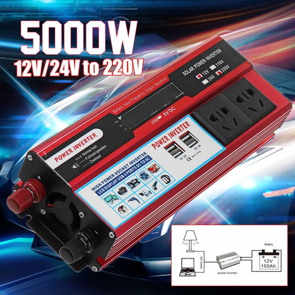 

P eak 5000W Modified Sine Wave Power Inverter DC 12/24V to AC 220V USB Converter Voltage Transformer USB Aluminum Sturdy Durable