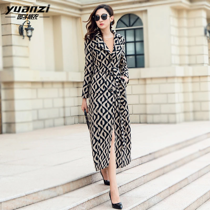 

2019 Autumn Winter New Design Printing Wool Blend Coat Female Long Thicken Warm Woolen Overcoat Women Office Wear Ladies Coats
