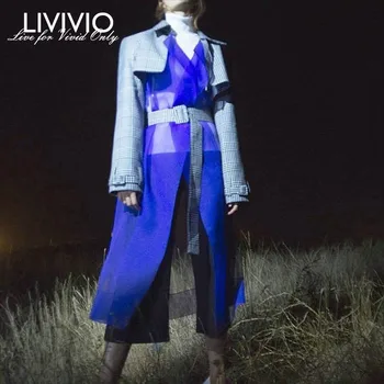 

[LIVIVIO] Streetwear Plaid Long Trench Coat for Women Windbreaker Clothes Korean Organza Dusters 2019 Spring Fashion Clothing