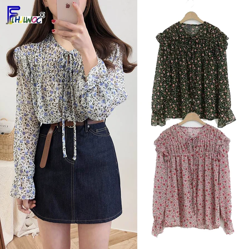 

Chiffon Blouses Shirts Women Top Korean Style Clothes Long Sleeve Red Floral Printed Ruffled Top Bow Tie Flower Blouse Vintage