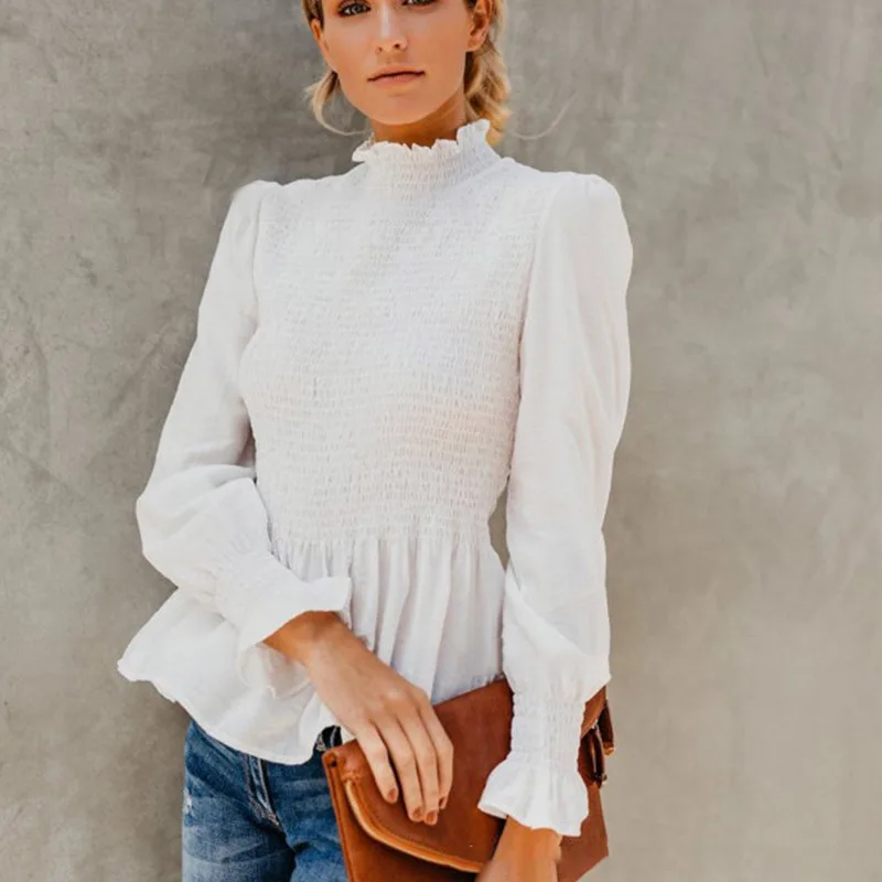 

Elegant Lantern Sleeve Stand Neck Women Blouse Ruffle Pleated Peplum Blouse Shirt Women Shirts Top Blouses Spring