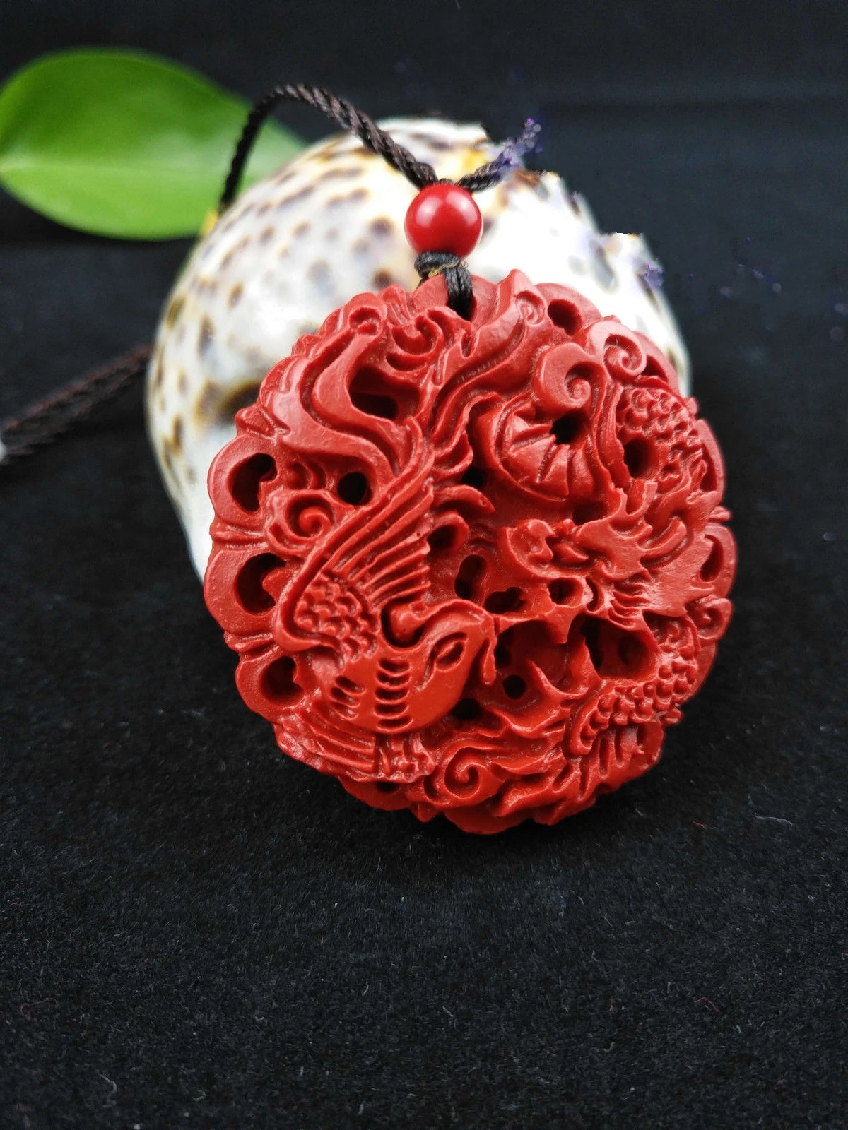 

Chinese Natural Red Cinnabar Carved Dragon Phoenix Pendant Lucky Amulet