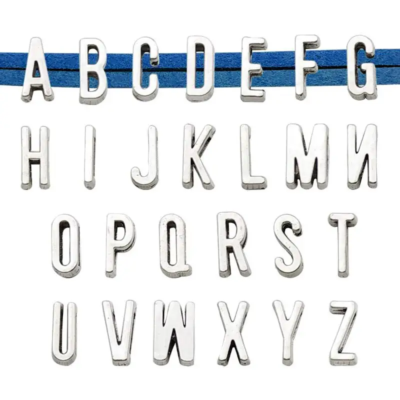 

26 Letters Silver Charm Zinc Alloy A-Z Alphabet Necklaces Slide Keeper Charms Pendant Bracelets DIY Jewelry Making Accessories