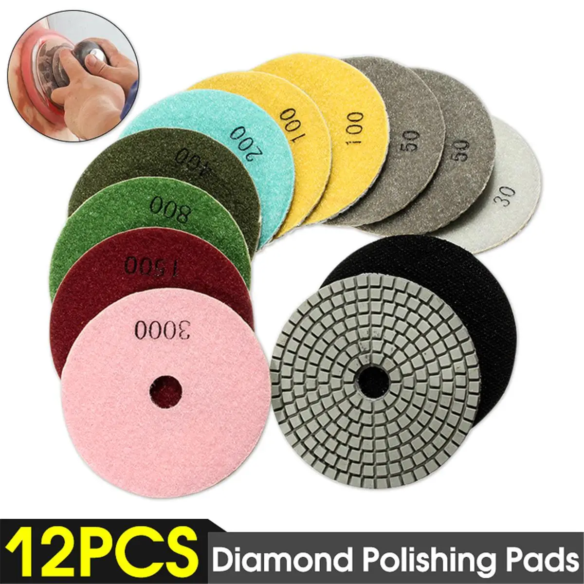 

12pcs 4/100mm Abrasive Tools Wet/ Dry Diamond Polishing Pads Sanding Disc Grinder For Granite Stone Concrete Marble Polisher