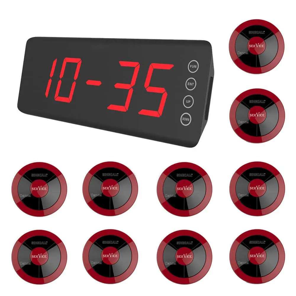 

SINGCALL Wireless Calling System Restaurant Service Calling for Pub, Cafe, Pack of 10 Two-button Red Pagers and 1 Fixed Receiver